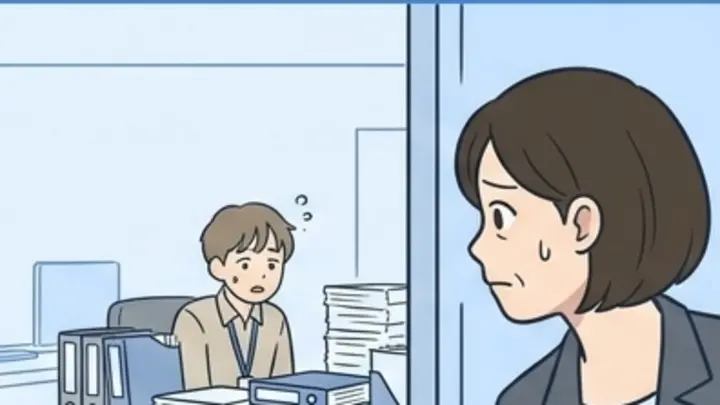 만화: 대표가 문가에서, 서류 더미 사이에서 헤매는 새 직원을 걱정스럽게 바라본다