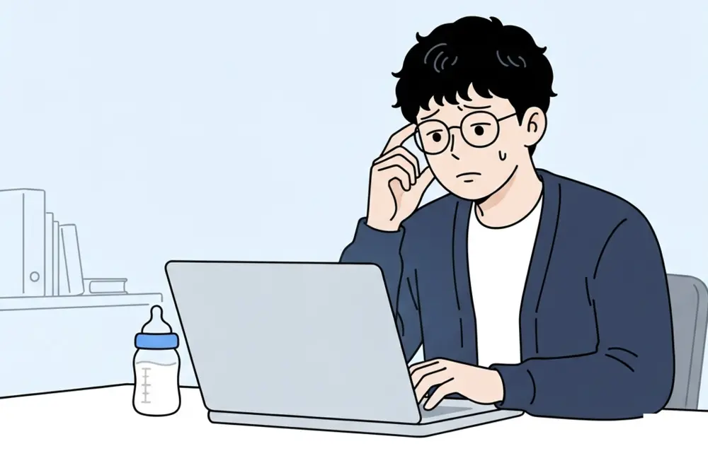 만화: 휴직을 앞둔 직원이 젖병 옆 노트북 앞에서 이마를 짚고 빈 인계서를 바라본다