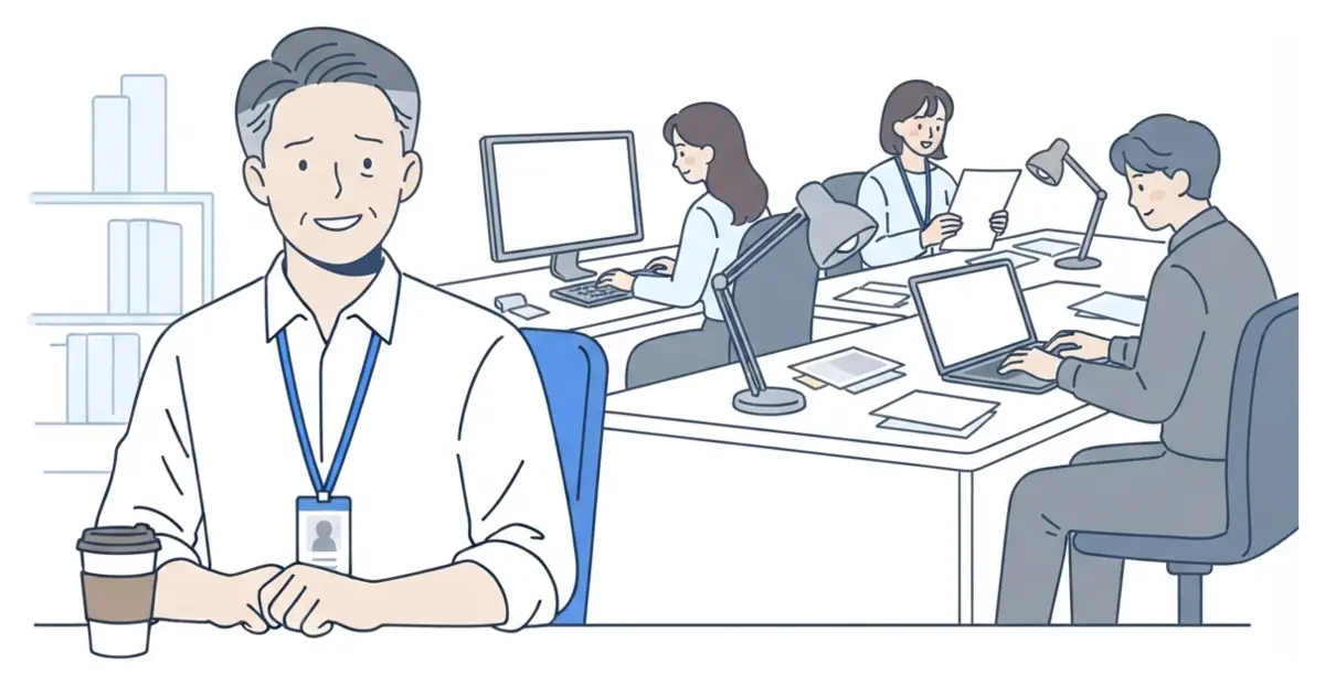 만화: 팀원들이 일하는 사무실에서 팀장이 커피를 앞에 두고 웃고 있다