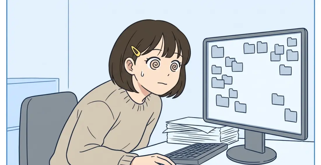 만화: 인계받은 직원이 모니터 가득 흩어진 폴더를 보며 눈이 빙글빙글 돈다